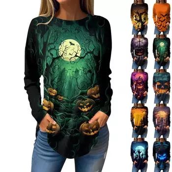 Женская свободная футболка с круглым вырезом и принтом на Хэллоуин с длинными рукавами, топ, пуловер, свитшот с длинными рукавами XXXL