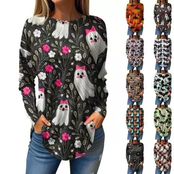 Женская свободная футболка с круглым вырезом и принтом на Хэллоуин с длинными рукавами, топ, пуловер, свитшот с длинными рукавами XXXL