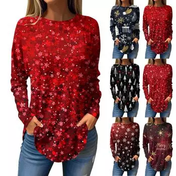 Женская свободная футболка с круглым вырезом и рождественским принтом, длинный рукав, пуловер L красный