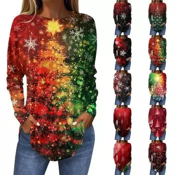 Женская свободная футболка с круглым вырезом и длинными рукавами с принтом в стиле ретро, пуловер на Рождество XL