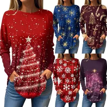 Женская свободная футболка с круглым вырезом и рождественским принтом, длинный рукав, пуловер S синий