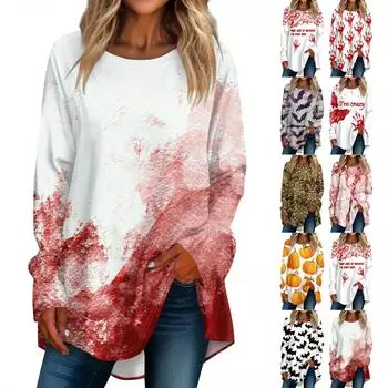 Женская свободная футболка с круглым вырезом и длинными рукавами, верхний пуловер для Хэллоуина M тёмно-синий