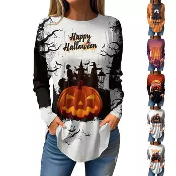 Женская свободная футболка с круглым вырезом и принтом на Хэллоуин с длинными рукавами, топ, пуловер, свитшот с длинными рукавами XL оранжевый
