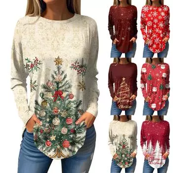 Женская свободная футболка с круглым вырезом и рождественским принтом, длинный рукав, пуловер XXXL золотой