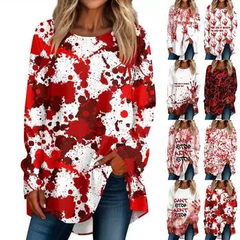 Женская свободная футболка с круглым вырезом и длинными рукавами, верхний пуловер для Хэллоуина XXL