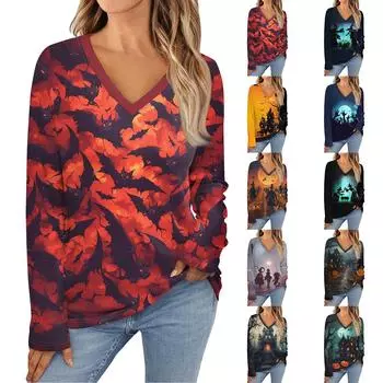 Женская свободная футболка с круглым вырезом и длинными рукавами, верхний пуловер для Хэллоуина XXL