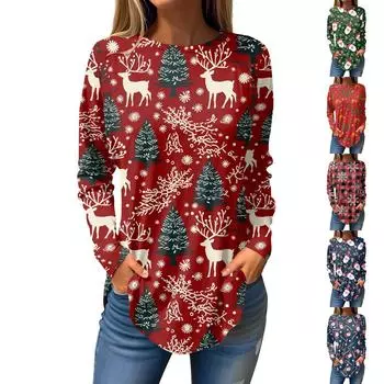 Женская свободная футболка с круглым вырезом и рождественским принтом, длинный рукав, топы, пуловер XL