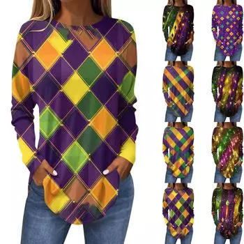 Женская свободная футболка с круглым вырезом и винтажным принтом, длинный рукав, топ, пуловер, карнавал L фиолетовый