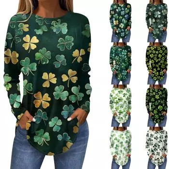 Женская свободная футболка с круглым вырезом и винтажным принтом, длинный рукав, топ, пуловер St.. День Патрика XL