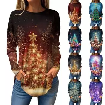 Женская свободная футболка с круглым вырезом и рождественским принтом, длинный рукав, пуловер, толстовка с длинными рукавами M фиолетовый