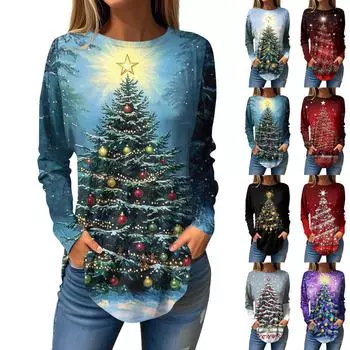 Женская свободная футболка с круглым вырезом и рождественским принтом, длинный рукав, топы, пуловер XXL чёрный