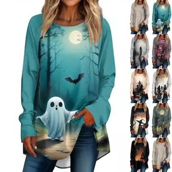 Женская свободная футболка с круглым вырезом и длинными рукавами, верхний пуловер для Хэллоуина S синий