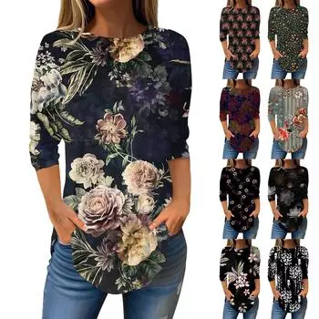 Женская свободная футболка с круглым вырезом и рукавом 3/4, верхний пуловер XXXL хаки