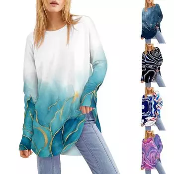 Женская свободная футболка с круглым вырезом и длинным рукавом средней длины с принтом, топ с дырявым большим пальцем XXXL