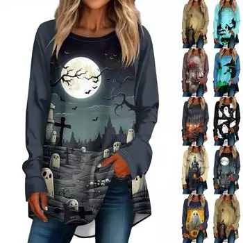 Женская свободная футболка с круглым вырезом и длинными рукавами, верхний пуловер для Хэллоуина L синий