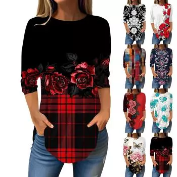 Женская свободная футболка с круглым вырезом и рукавом 3/4, верхний пуловер M тёмно-синий