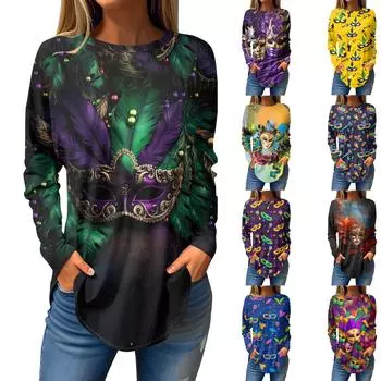 Женская свободная футболка с круглым вырезом и принтом «Карнавал», с длинными рукавами, топ, пуловер, свитшот с длинными рукавами M