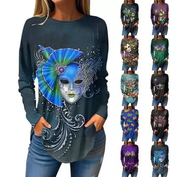 Женская свободная футболка с круглым вырезом и принтом «Карнавал», с длинными рукавами, топ, пуловер, свитшот с длинными рукавами L синий