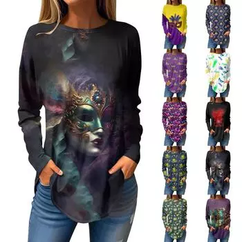 Женская свободная футболка с круглым вырезом и принтом «Карнавал», с длинными рукавами, топ, пуловер, свитшот с длинными рукавами M синий