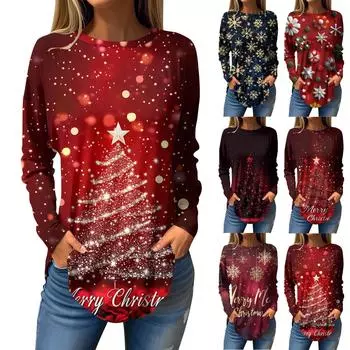 Женская свободная футболка с круглым вырезом и рождественским принтом, длинный рукав, пуловер XXL