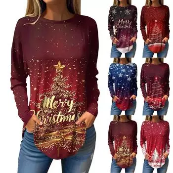 Женская свободная футболка с круглым вырезом и рождественским принтом, длинный рукав, пуловер XXL винный