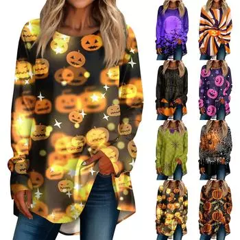 Женская свободная футболка с круглым вырезом и принтом Хэллоуина, длинный рукав, топ, пуловер L чёрный