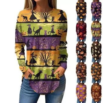 Женская свободная футболка с круглым вырезом и принтом на Хэллоуин с длинными рукавами, топ, пуловер, свитшот с длинными рукавами XXXL чёрный