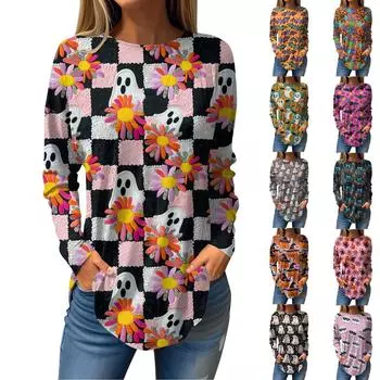 Женская свободная футболка с круглым вырезом и принтом на Хэллоуин с длинными рукавами, топ, пуловер, свитшот с длинными рукавами M розовый