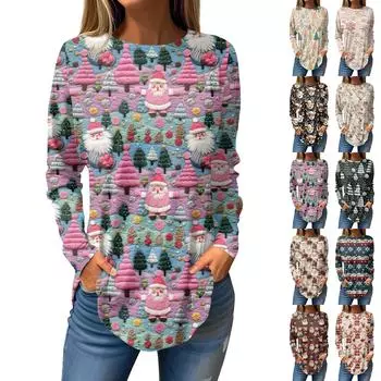 Женская свободная футболка с круглым вырезом и рождественским принтом, длинный рукав, топы, пуловер S фиолетовый