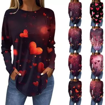 Женская свободная футболка с круглым вырезом и принтом в виде сердца ко Дню святого Валентина, длинный рукав, топ, пуловер XXXXXL