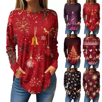 Женская свободная футболка с круглым вырезом и рождественским принтом, длинный рукав, пуловер XXL красный
