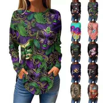 Женская свободная футболка с круглым вырезом и принтом «Карнавал», с длинными рукавами, топ, пуловер, свитшот с длинными рукавами S