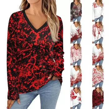 Женская свободная футболка с круглым вырезом и длинными рукавами, верхний пуловер для Хэллоуина M красный