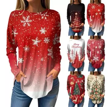 Женская свободная футболка с круглым вырезом и рождественским принтом, длинный рукав, пуловер XXL винный