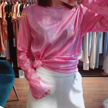 Женская свободная футболка с круглым вырезом и длинными рукавами, сверкающая светоотражающая футболка, пуловер с блестками, топы M синий