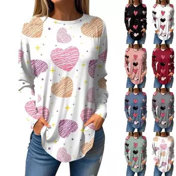 Женская свободная футболка с круглым вырезом и принтом «День святого Валентина» с длинными рукавами, топ, пуловер XL чёрный