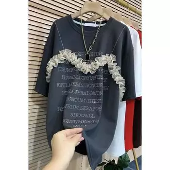 Женская свободная футболка с круглым вырезом и буквенным принтом, футболка большого размера, футболка средней длины с плетением 4XL