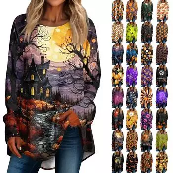 Женская свободная футболка с круглым вырезом и принтом Хэллоуина, длинный рукав, топ, пуловер XXXL фиолетовый