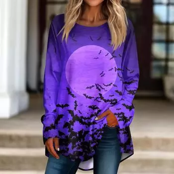 Женская свободная футболка с круглым вырезом и принтом Хэллоуина, длинный рукав, топ, пуловер XL фиолетовый