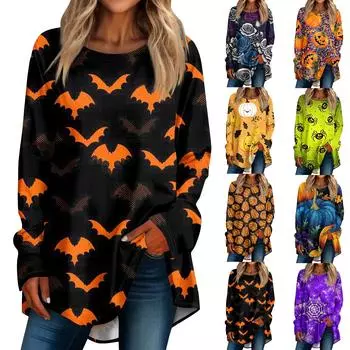 Женская свободная футболка с круглым вырезом и принтом Хэллоуина, длинный рукав, топ, пуловер XXXL шафрановый