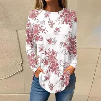 Женская свободная футболка с круглым вырезом и принтом, длинный рукав, топ, пуловер, футболки женские S оранжевый