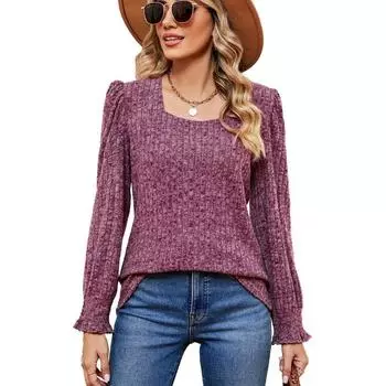 Женская свободная футболка с квадратным воротником и листьями лотоса на весну и осень, топ с длинными рукавами больших размеров S чёрный