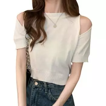 Женская свободная футболка с открытыми плечами, вязаный однотонный простой летний топ с короткими рукавами