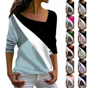 Женская свободная футболка с принтом в стиле ретро, повседневный топ с V-образным вырезом и длинными рукавами S