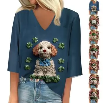 Женская свободная футболка с рукавами семь и V-образным вырезом St. Повседневный топ с принтом ко Дню Святого Патрика L винный