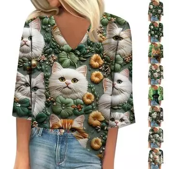 Женская свободная футболка с рукавами семь и V-образным вырезом St. Повседневный топ с принтом ко Дню Святого Патрика L жёлтый