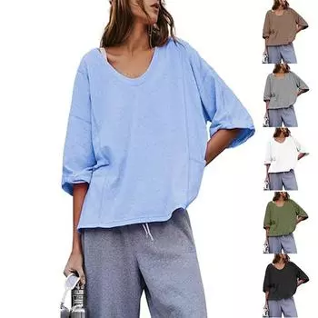 Женская свободная футболка с U-образным вырезом и рукавом семь четвертей, блузки и рубашки с карманами в стиле пэчворк S чёрный