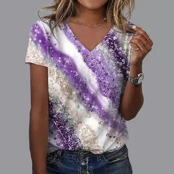 Женская Свободная футболка с v-образным вырезом и короткими рукавами фиолетового цвета с блестящими кристаллами и принтом, повседневная рубашка XS зелёный