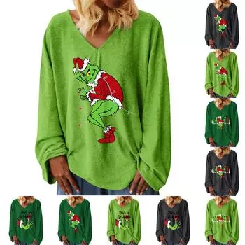 Женская свободная футболка с v-образным вырезом и рождественским принтом, длинными рукавами, топы с прямыми рукавами для женщин L чёрный