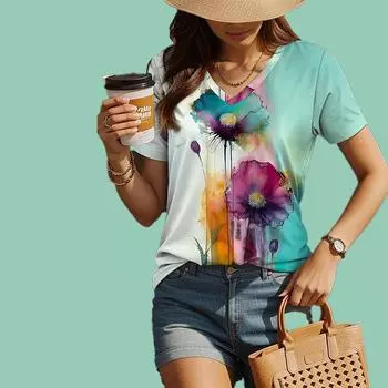 Женская свободная футболка с v-образным вырезом и короткими рукавами, двухцветный принт, повседневная рубашка XS синий